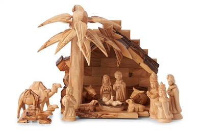 CR06B-NS06-CM07 - Mini Olive Wood Stable with 3D Palm Tree and Nativity ...